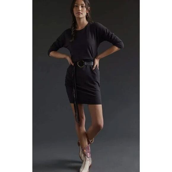 NWT Sundry Anthropologie 3/4 Sleeve Ruched Side Mini Dress Black‎ Medium - Picture 2 of 12